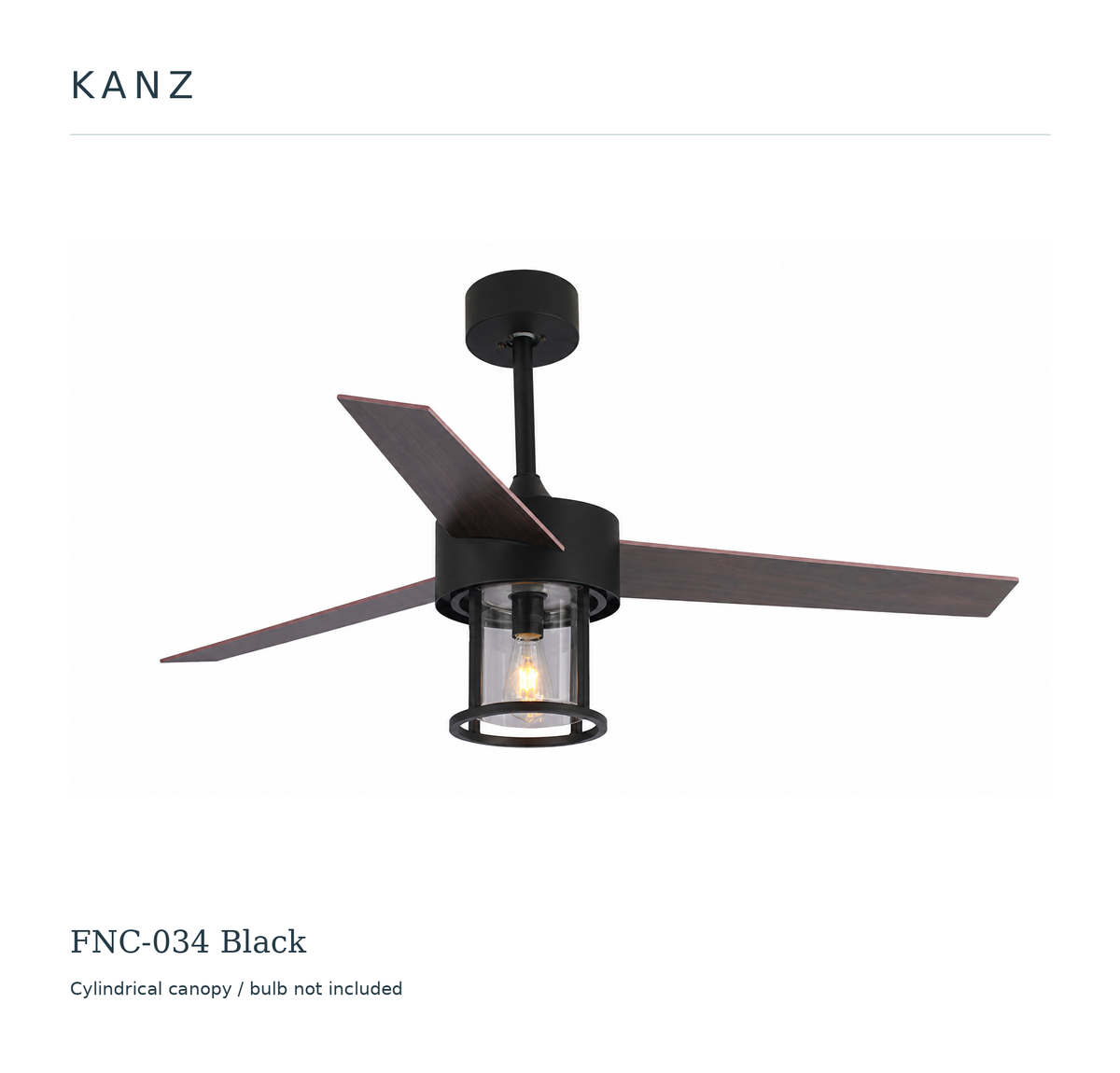 FNC-034 Black ceiling fan — cylindrical canopy, three wood-effect blades and E27 lantern; bulb not included