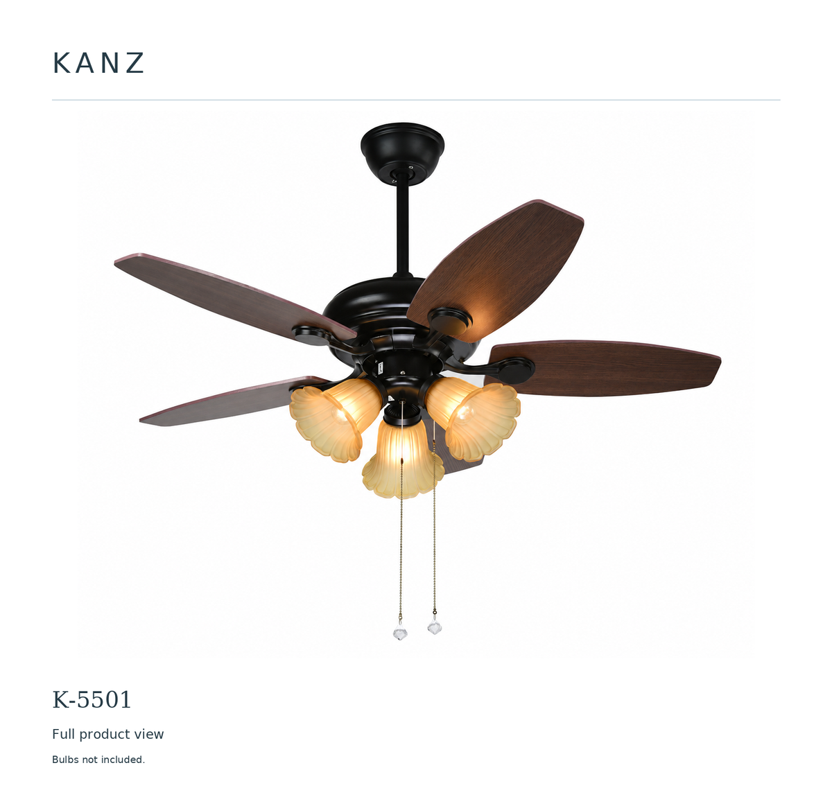 K-5501 Brown ceiling fan — full product view on white background; bulbs not included