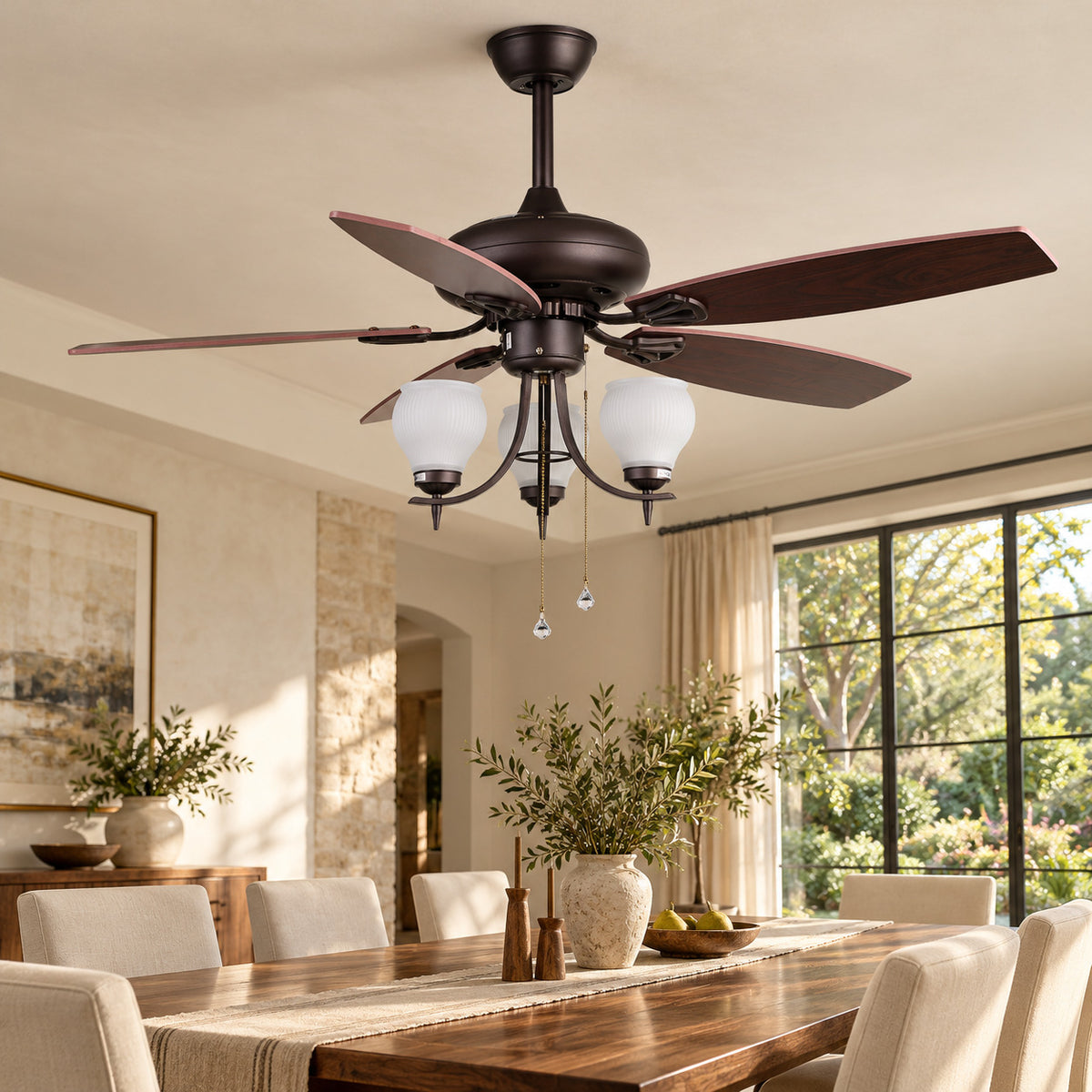 Illustration of the FNC-205 Brown ceiling fan above a dining room, with five blades, three glass shades and two pull chains. AI-generated room concept.