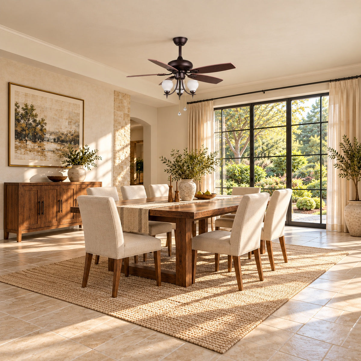 Wide dining room styling illustration featuring the FNC-205 Brown ceiling fan. AI-generated interior concept, not an installation photograph.