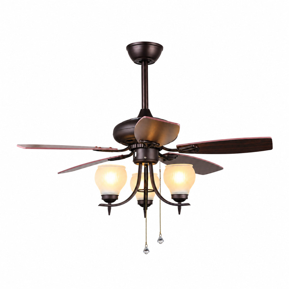 FNC-205 Brown ceiling fan with five brown blades, three cream glass shades and two pull chains on a white background.