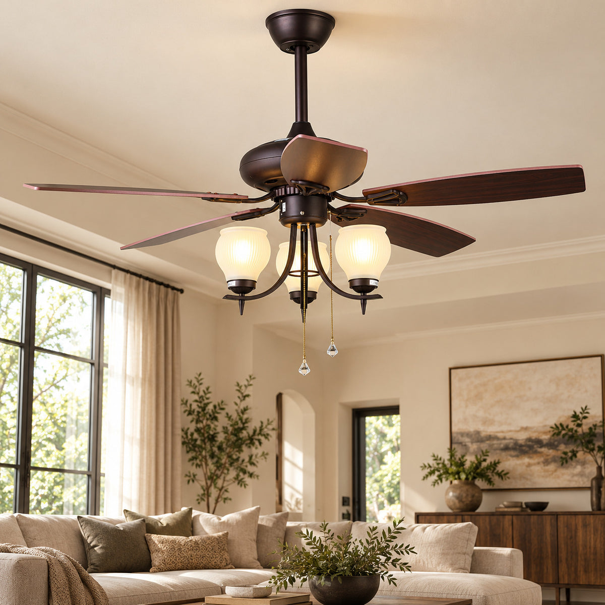 Illustration of the FNC-205 Brown ceiling fan in a living room, with five blades, three glass shades and two pull chains. AI-generated room concept.
