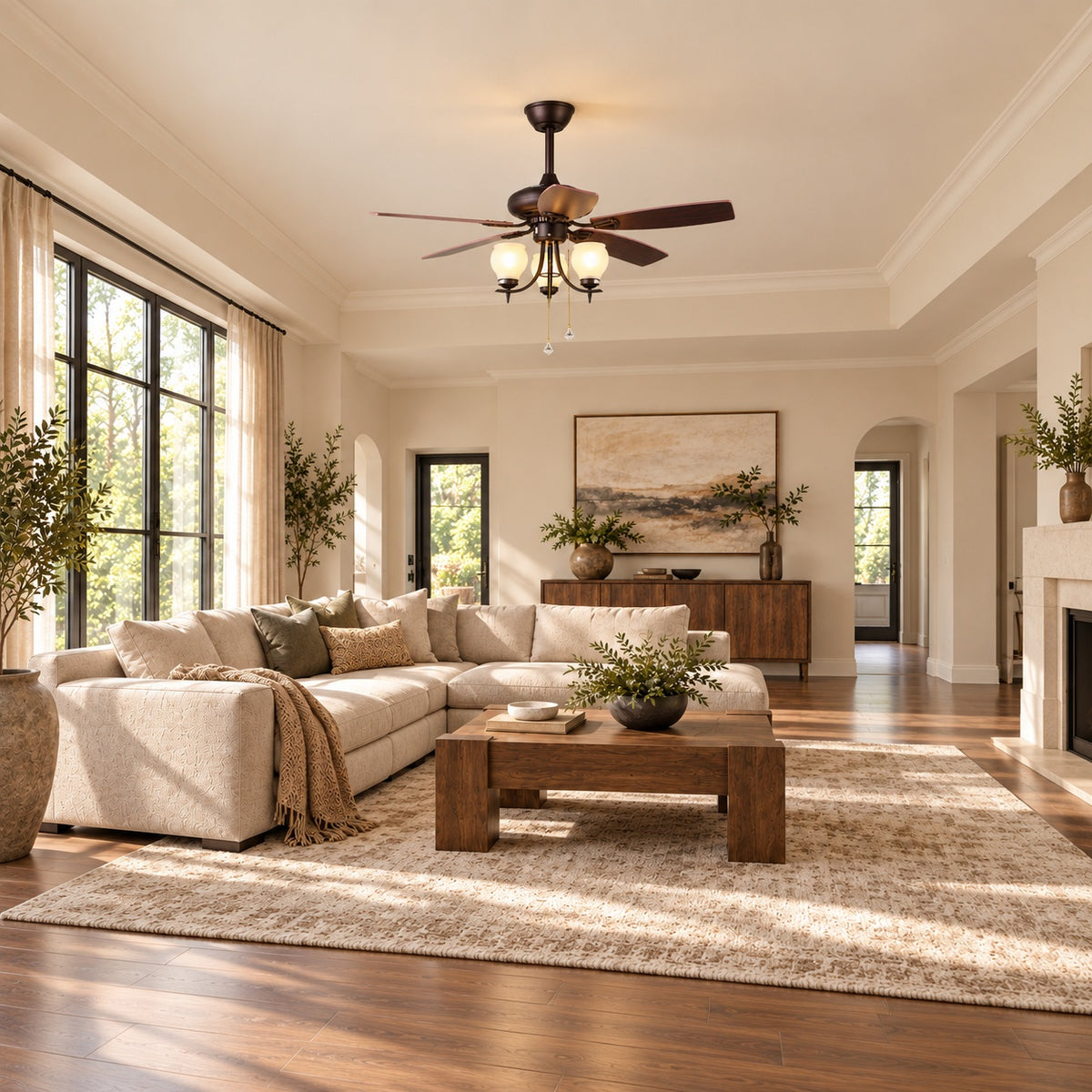 Wide living room styling illustration featuring the FNC-205 Brown ceiling fan. AI-generated interior concept, not an installation photograph.
