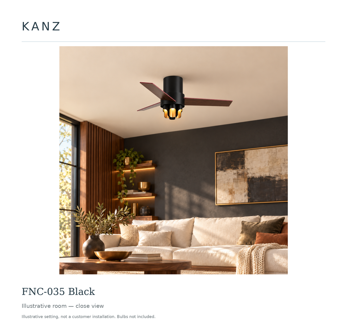 Kanz FNC-035 Black — Illustrative room — close view; illustrative setting, not a customer installation. Bulbs not included.