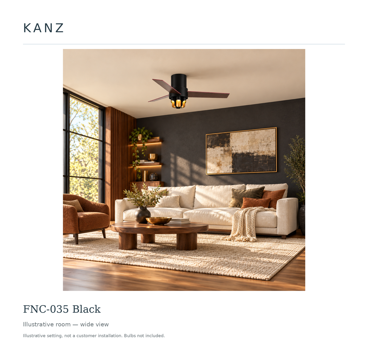 Kanz FNC-035 Black — Illustrative room — wide view; illustrative setting, not a customer installation. Bulbs not included.
