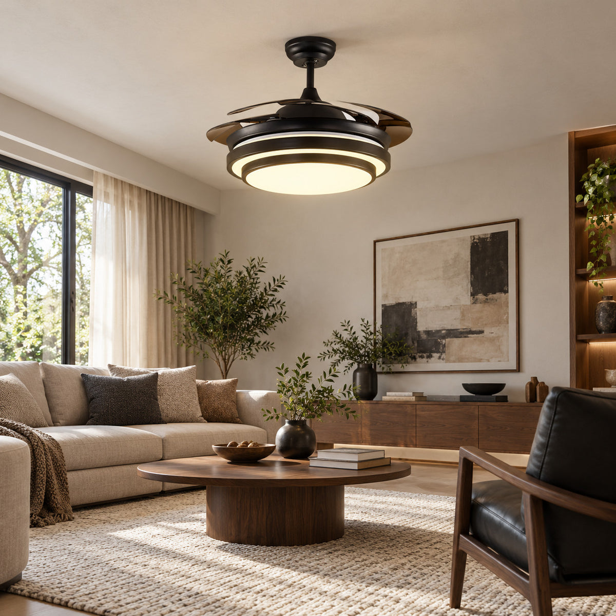 K-402 Black in a neutral sitting room styling illustration. AI-generated interior concept, not an installation photograph.