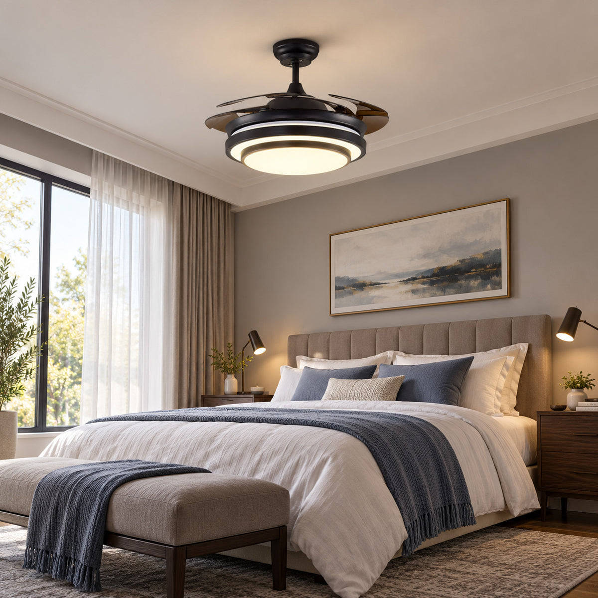 K-402 Black in a neutral bedroom styling illustration. AI-generated interior concept, not an installation photograph.