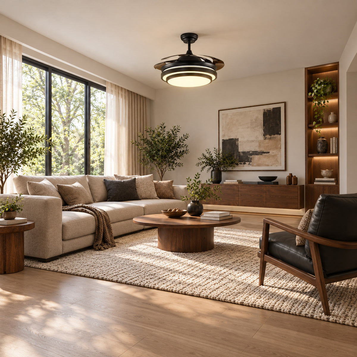 K-402 Black in a matching wide sitting room styling illustration. AI-generated interior concept, not an installation photograph.