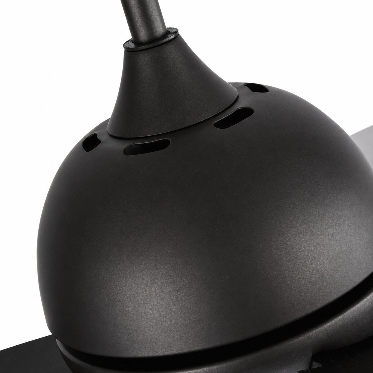 K-1650 Matte Black ceiling fan upper housing, oval vents and downrod collar detail.
