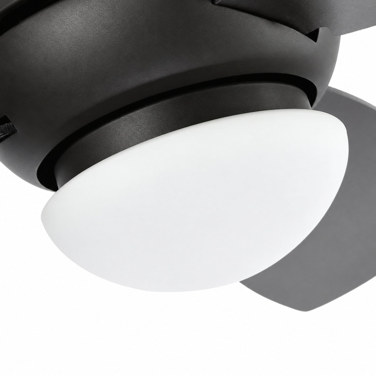 K-1650 Matte Black ceiling fan single white diffuser and mounting ring detail.