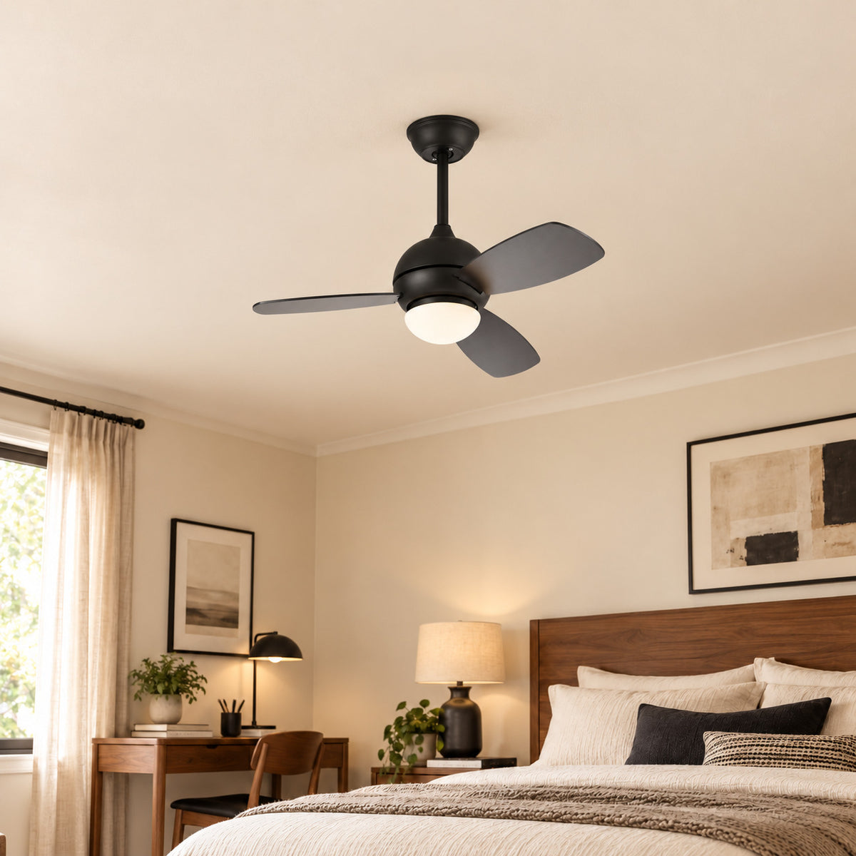 K-1650 Matte Black ceiling fan in a warm bedroom styling illustration. AI-generated room concept, not an installation photograph.