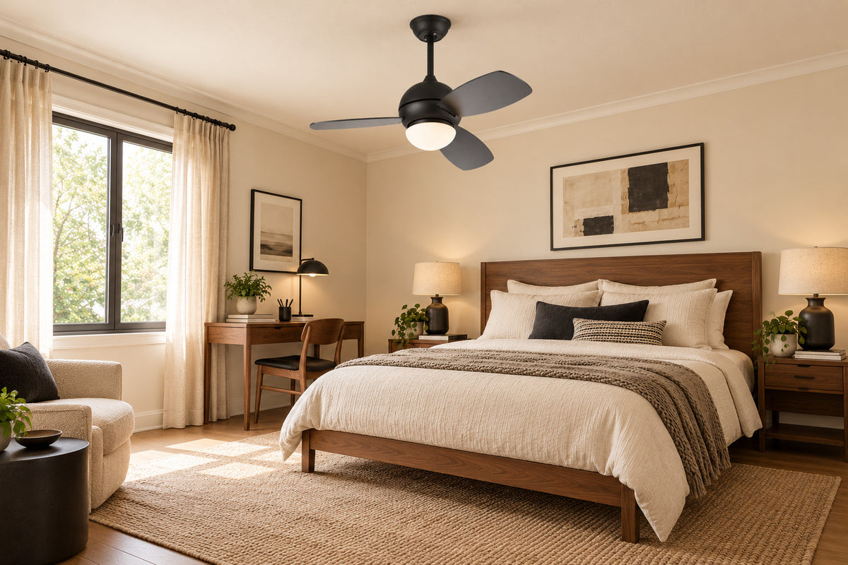 K-1650 Matte Black ceiling fan in a matching wide bedroom styling illustration. AI-generated room concept, not an installation photograph.