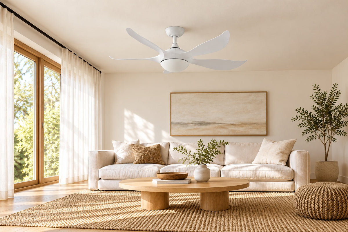 FNC-2819 White ceiling fan in a light neutral living room styling illustration. AI-generated interior concept, not an installation photograph.