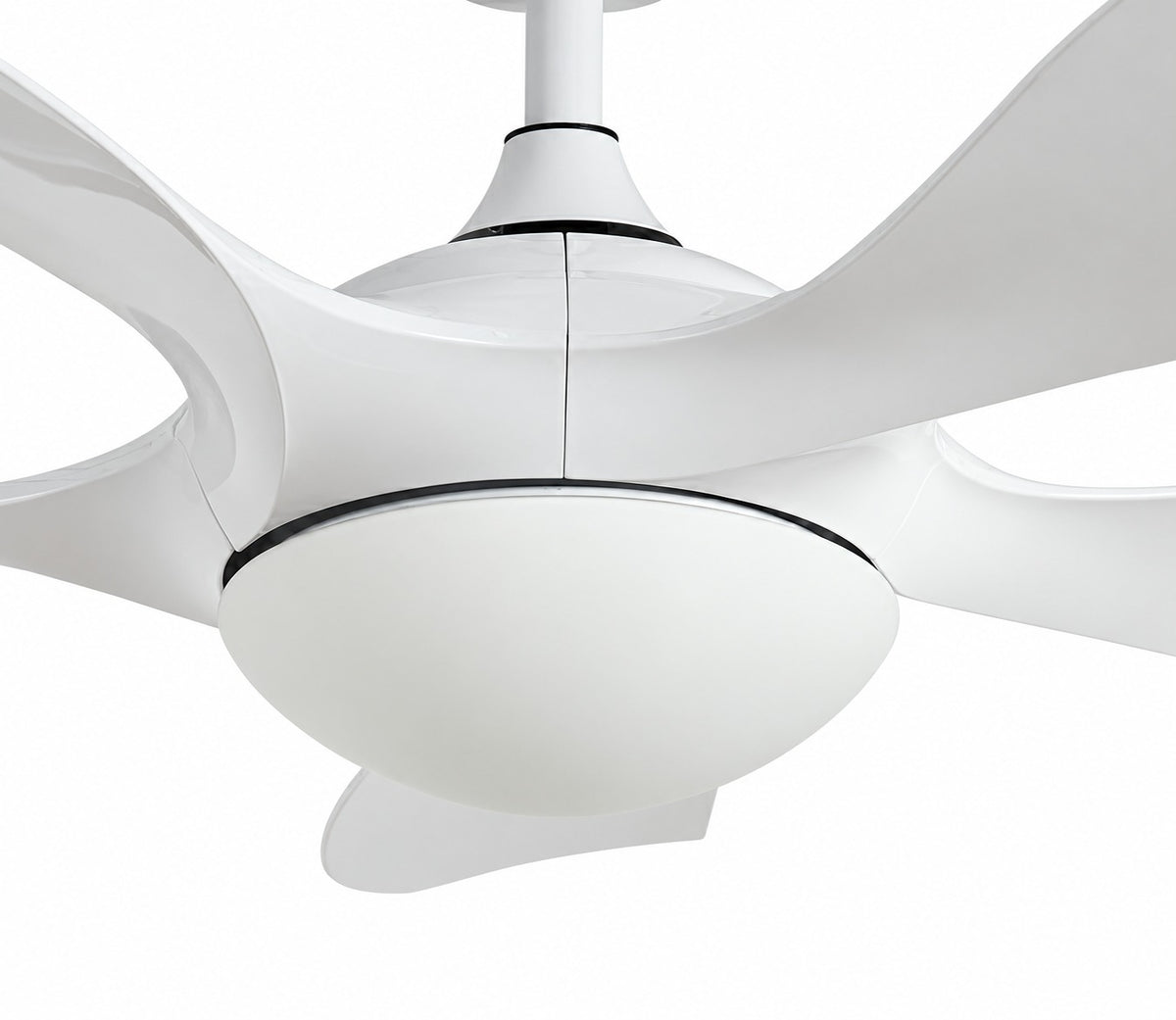 FNC-2819 White ceiling fan detail of the motor housing, blade roots and rounded diffuser.
