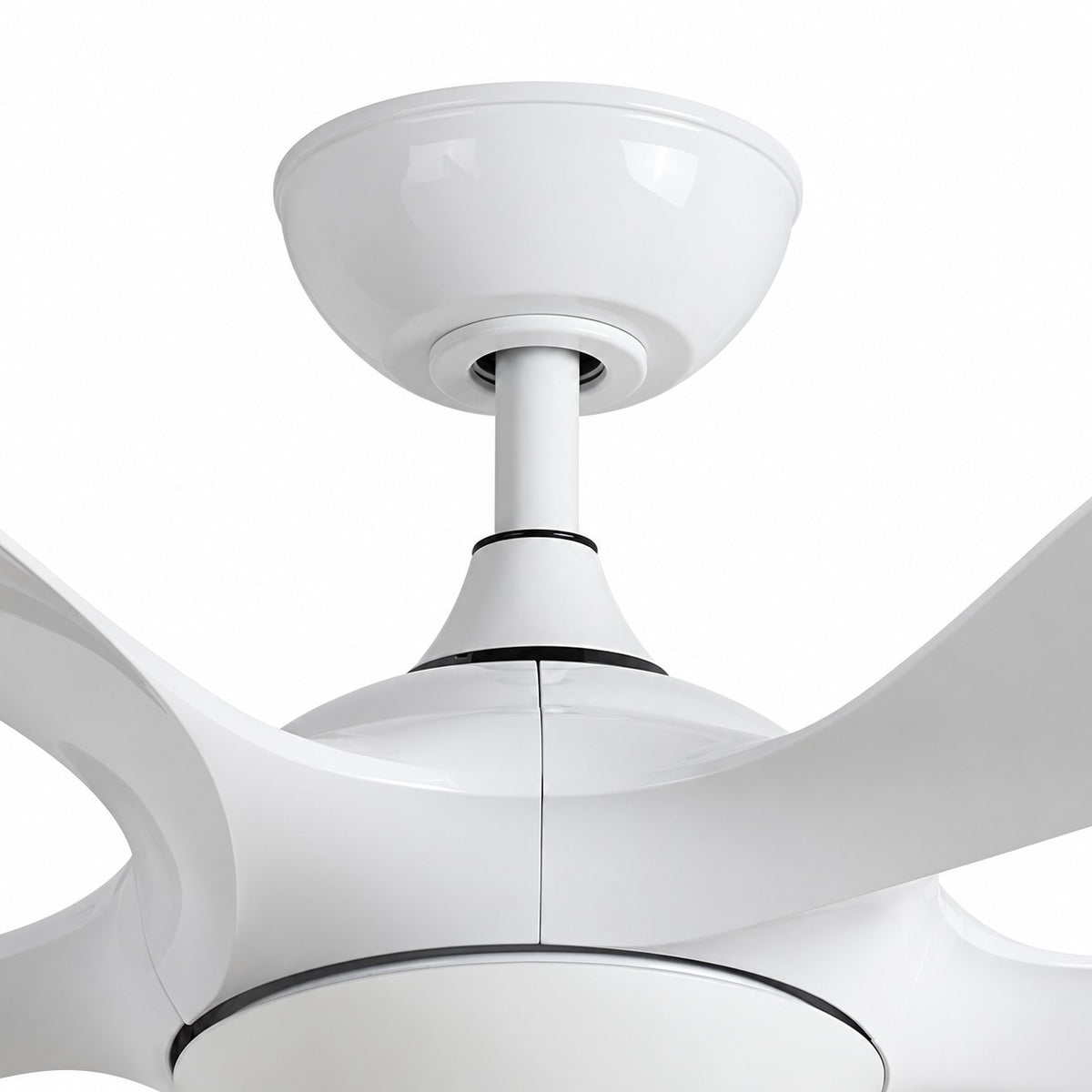 FNC-2819 White ceiling fan detail of the cup canopy, short downrod and collar.