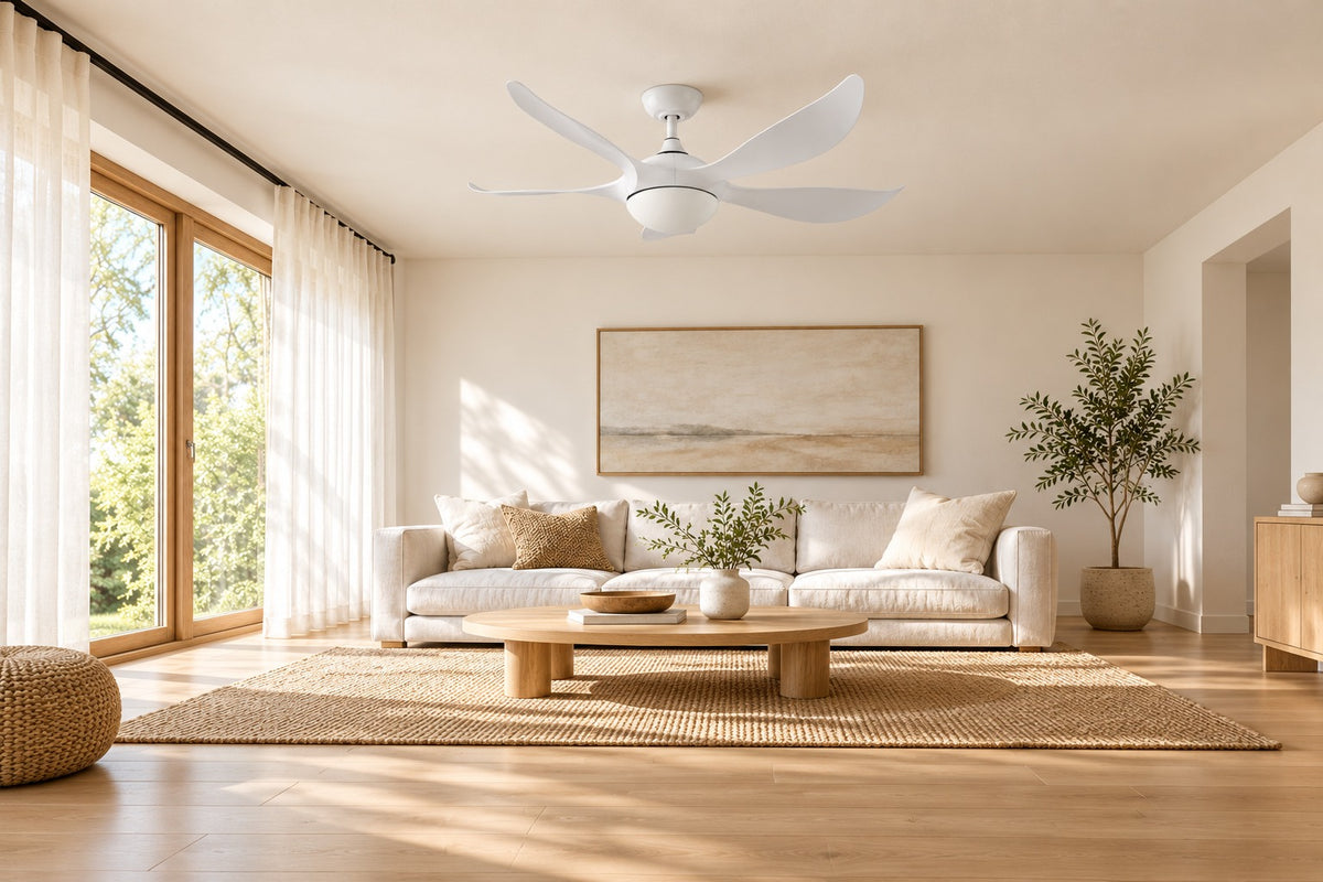 FNC-2819 White ceiling fan in a wide warm-white and oak living room styling illustration. AI-generated interior concept, not an installation photograph.
