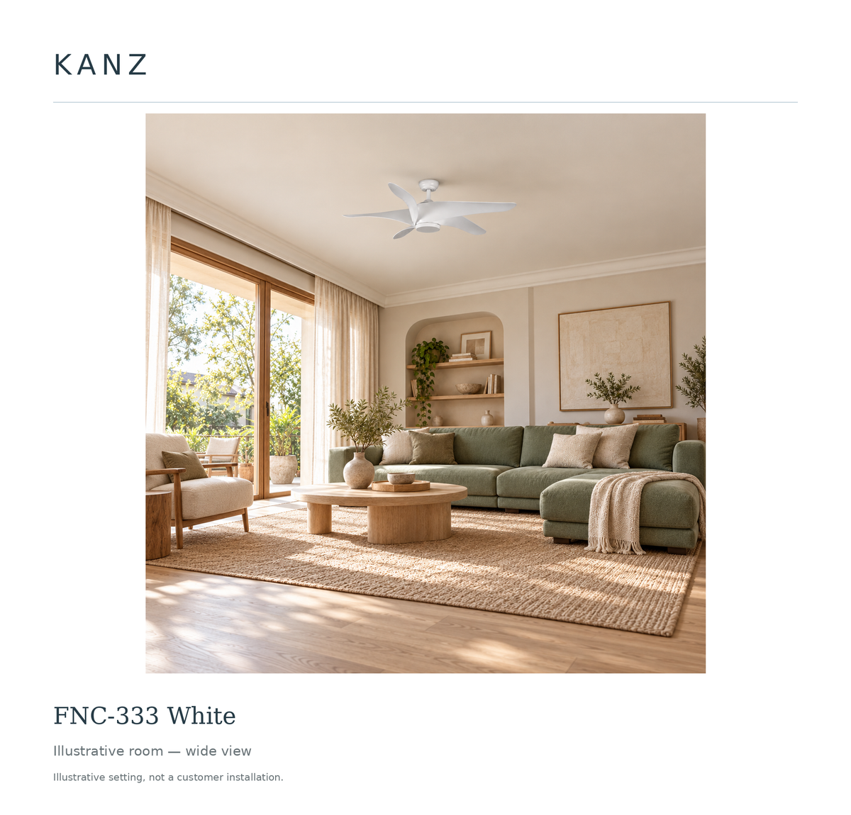 Kanz FNC-333 White — Illustrative room — wide view; illustrative setting, not a customer installation.