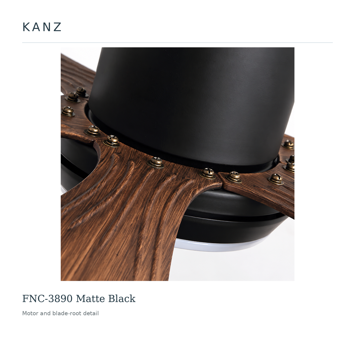 FNC-3890 black housing with six brown blades — motor and blade-root detail