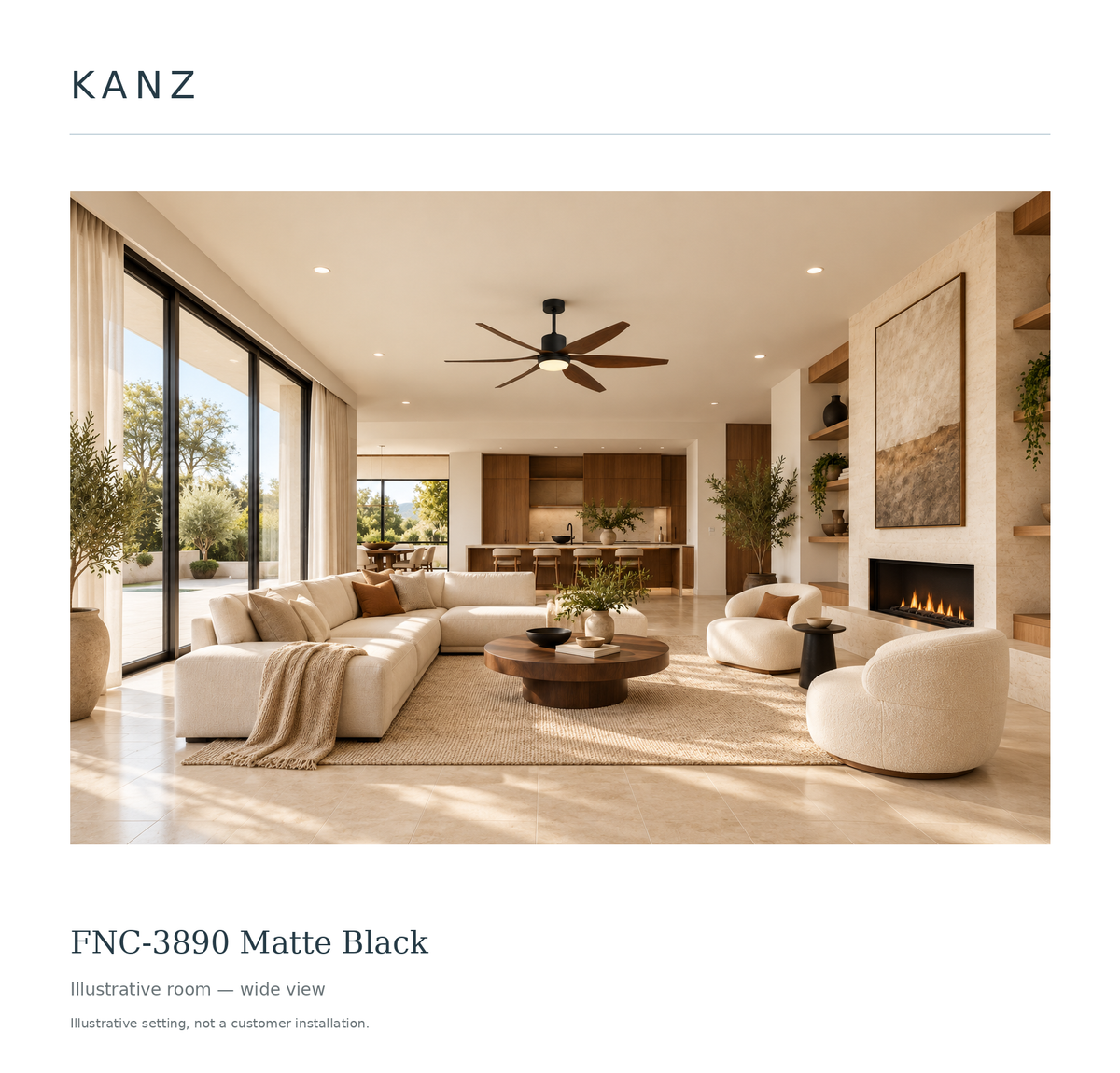 FNC-3890 black housing with six brown blades — illustrative wide room view