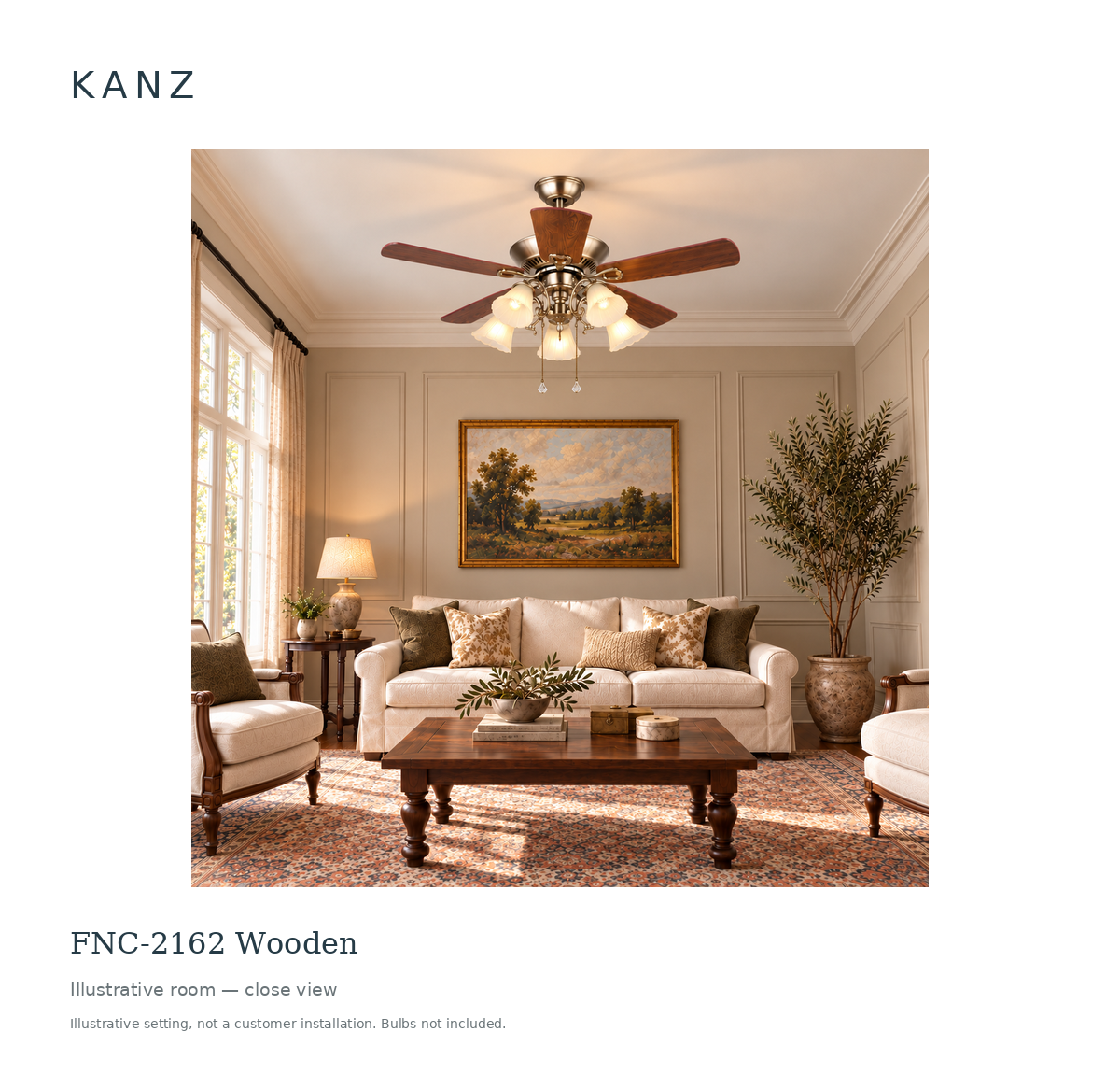 Kanz FNC-2162 Wooden — Illustrative room — close view; illustrative setting, not a customer installation. Bulbs not included.