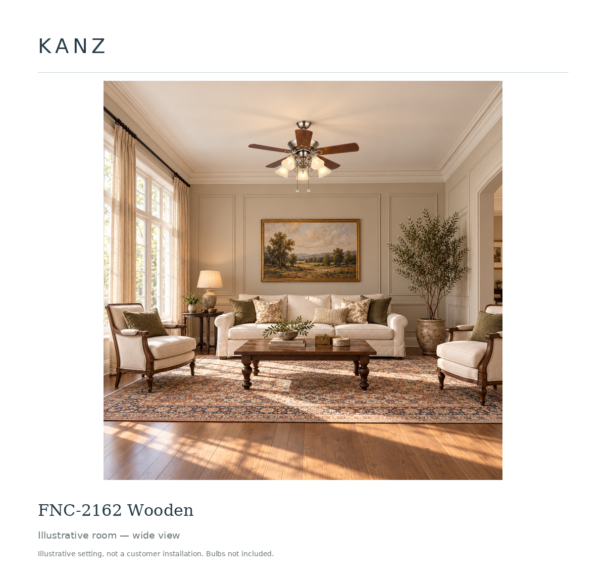 Kanz FNC-2162 Wooden — Illustrative room — wide view; illustrative setting, not a customer installation. Bulbs not included.