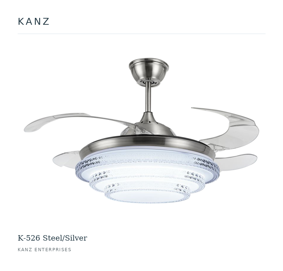 Kanz K-526 Steel/Silver ceiling fan — white masthead product image
