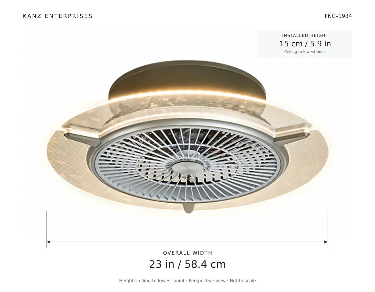 FNC-1934 dimensions: overall width 23 inches (58.4 cm); full installed height from ceiling to lowest point 15 cm (5.9 inches). Perspective product view, not to scale.
