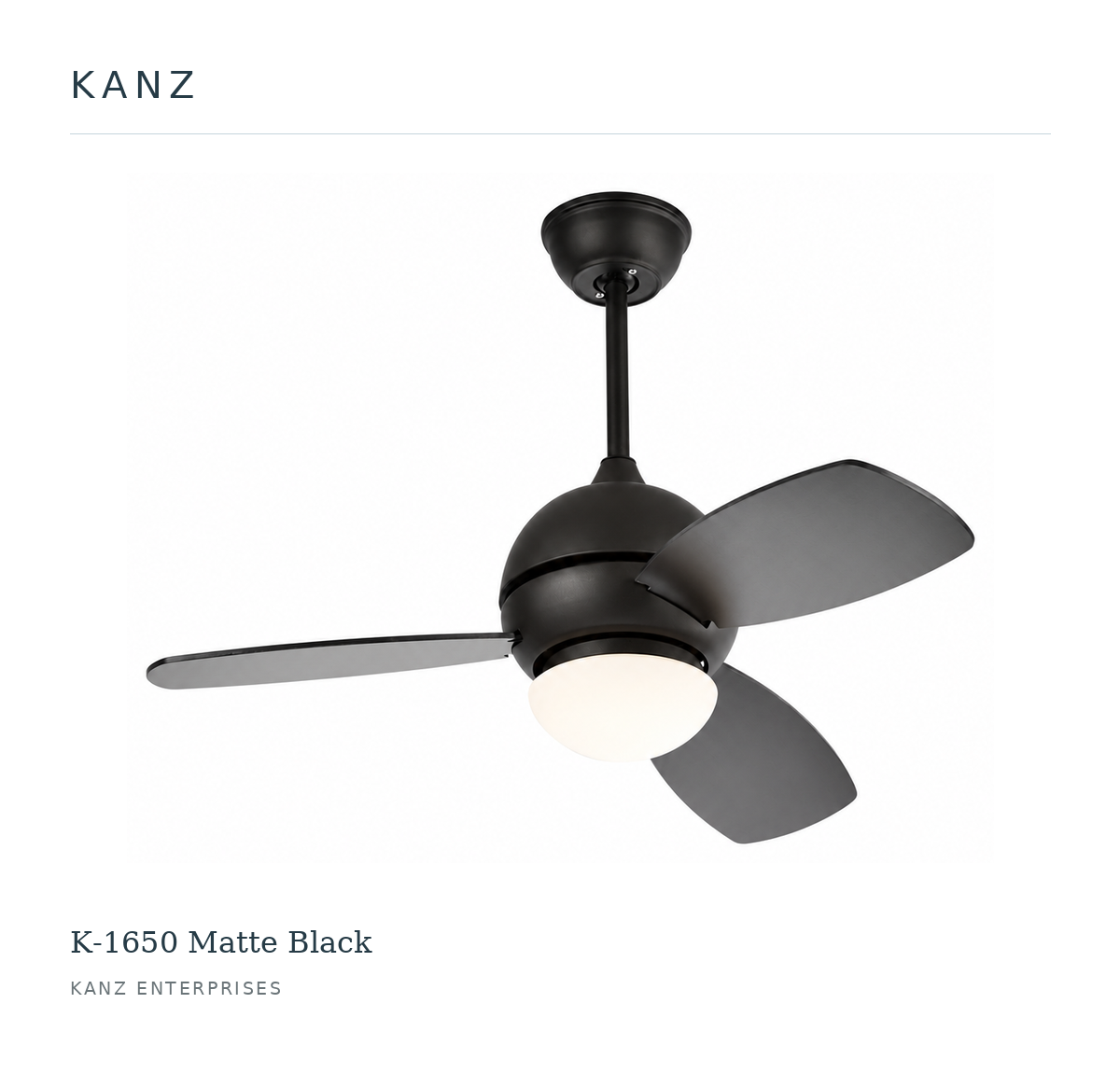 Kanz K-1650 Matte Black ceiling fan — white masthead product image
