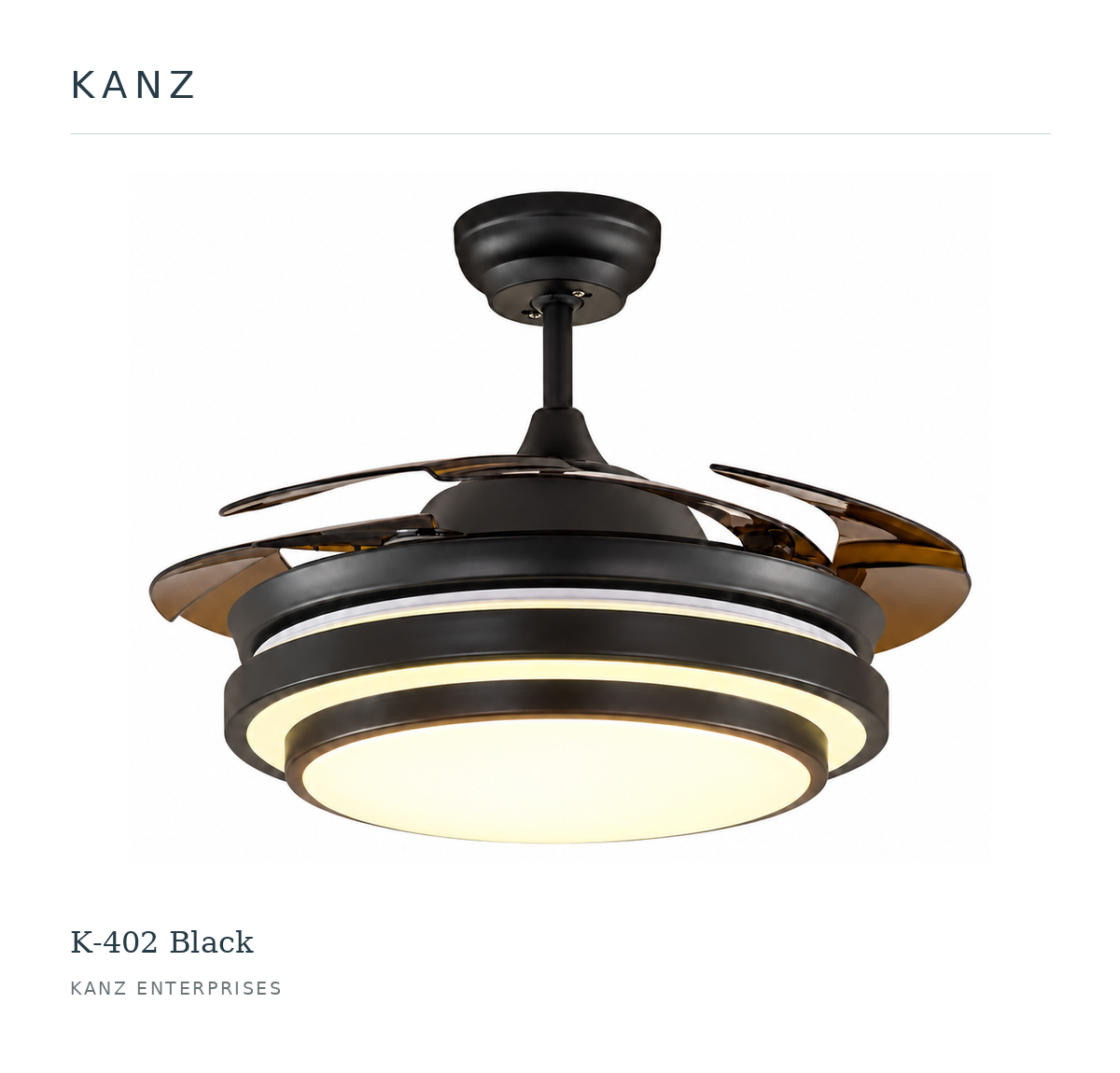 Kanz K-402 Black ceiling fan — white masthead product image