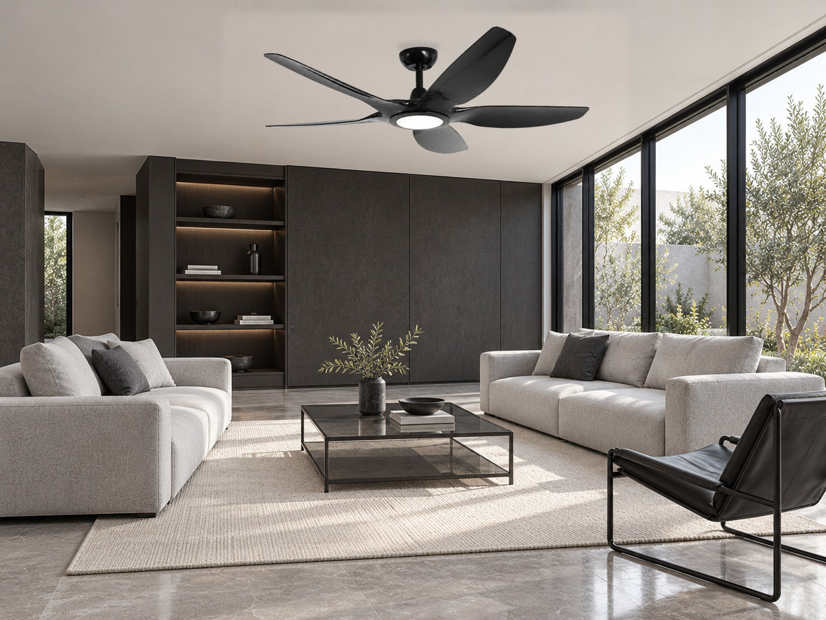 K-2370 Black ceiling fan in a charcoal living room styling illustration. Approved product image composited into an AI-generated interior.