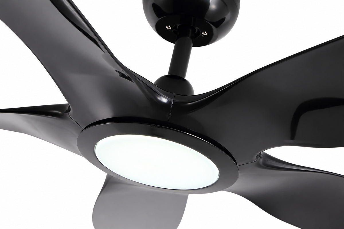 K-2370 Black ceiling fan detail showing the black hub, sculpted blade roots and circular LED diffuser.