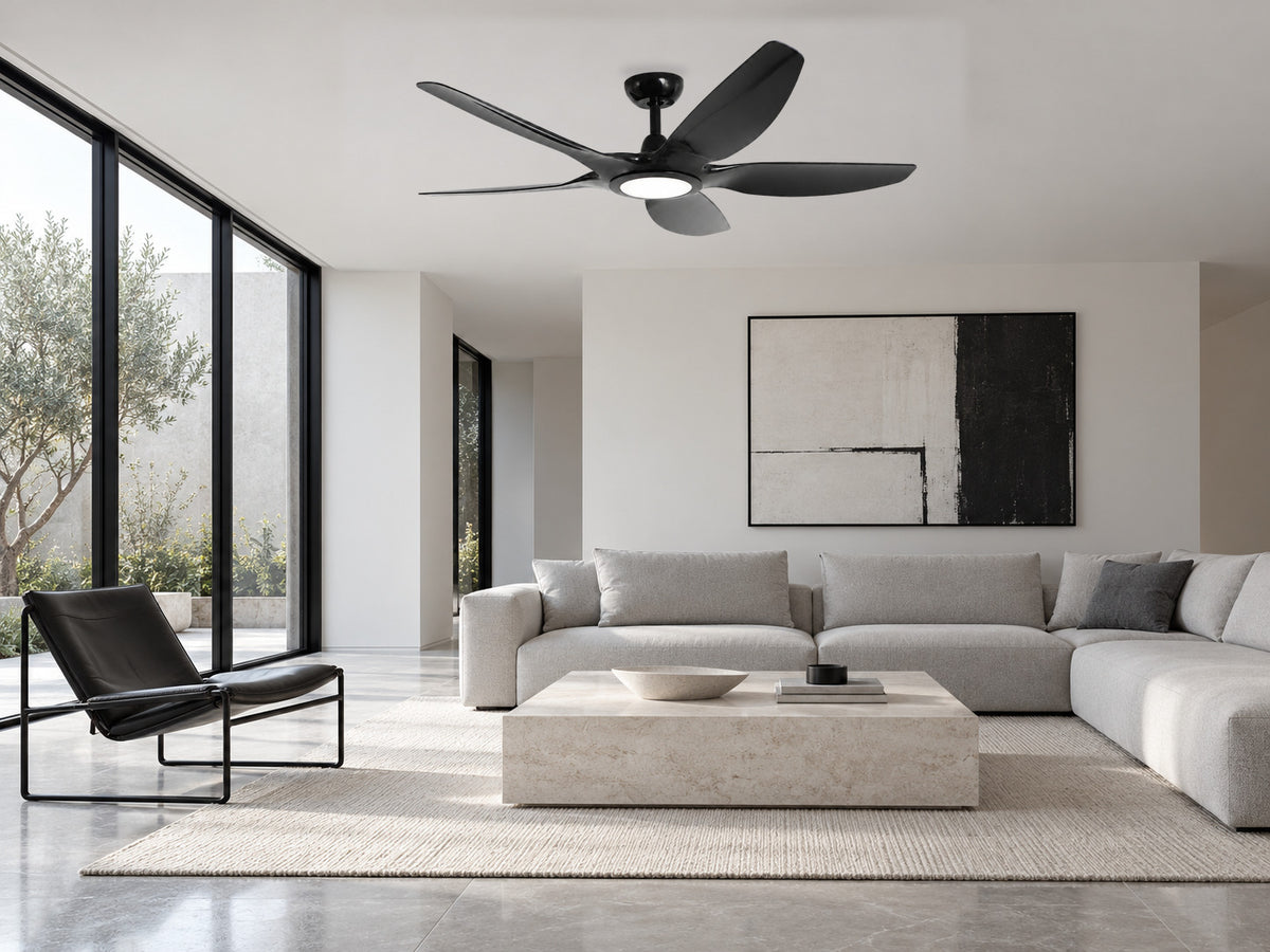 K-2370 Black ceiling fan in a monochrome living room styling illustration. Approved product image composited into an AI-generated interior.